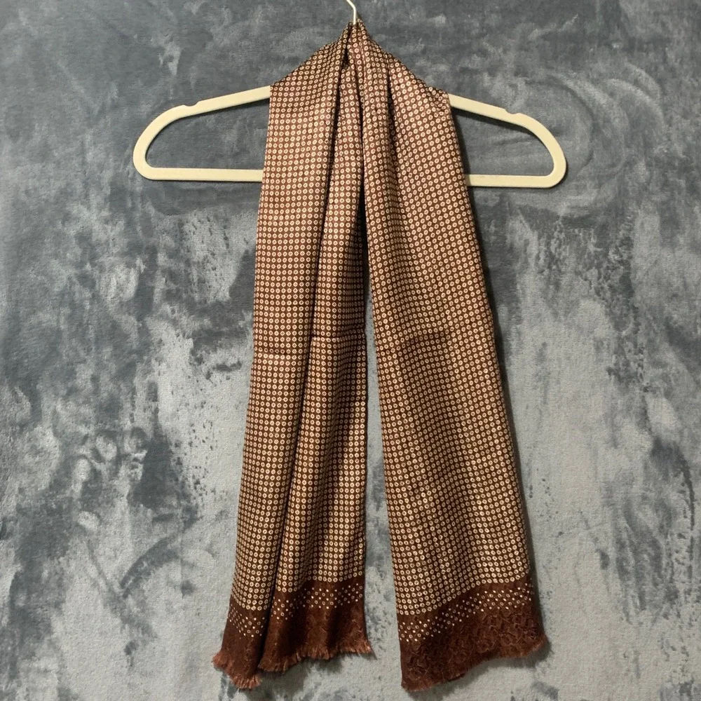 Scarf Mens Silk Wool Double Sided Brown Geometric Medallion Italy Quiet Luxury
